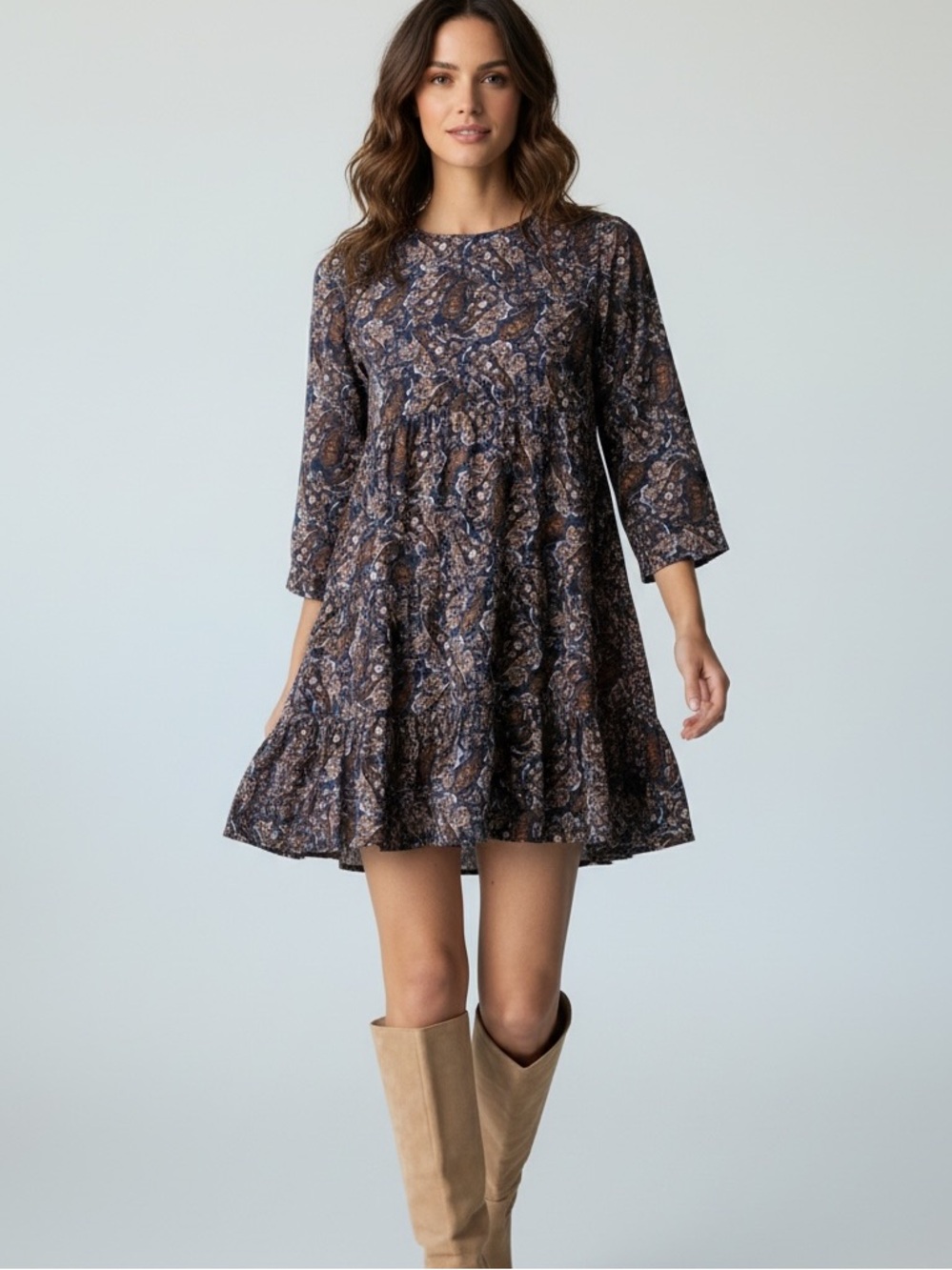 NATURAL LIFE Navy and Brown Paisley Tiered Mini Dress